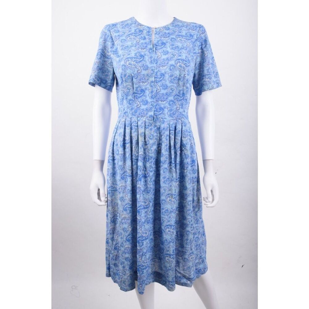 Vintage 60s Shelton Stroller Womans Dress Sz 14 14.5 Blue Paisley Jersey Stretch